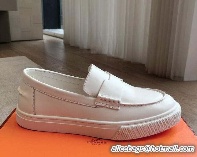 Popular Style Hermes Ike Calfskin Slip-on Sneakers with H cut-out White 425104