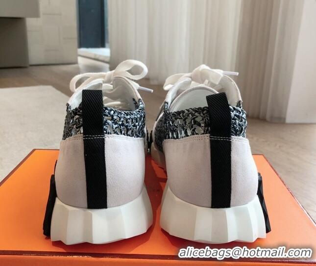 Unique Style Hermes Bouncing Sneakers in Printed Braided Silk and Suede Black/White 0425105