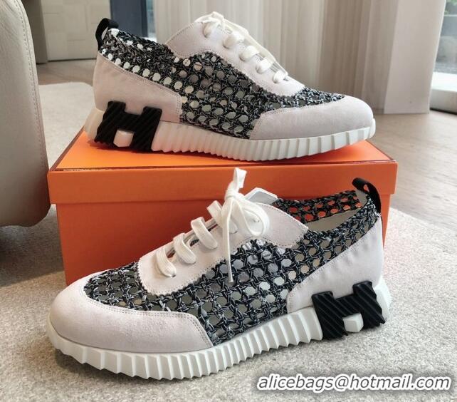 Unique Style Hermes Bouncing Sneakers in Printed Braided Silk and Suede Black/White 0425105