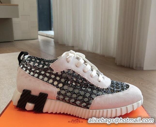 Unique Style Hermes Bouncing Sneakers in Printed Braided Silk and Suede Black/White 0425105