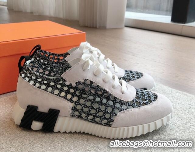 Unique Style Hermes Bouncing Sneakers in Printed Braided Silk and Suede Black/White 0425105