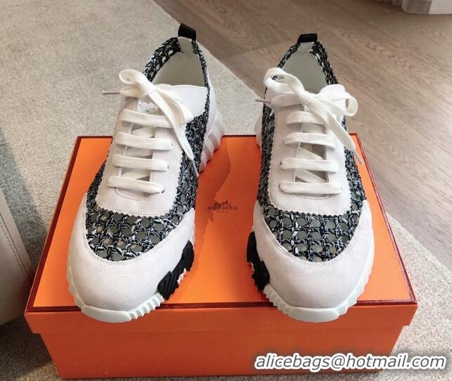 Unique Style Hermes Bouncing Sneakers in Printed Braided Silk and Suede Black/White 0425105