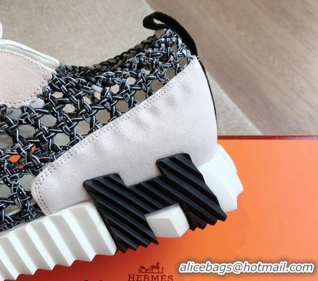 Unique Style Hermes Bouncing Sneakers in Printed Braided Silk and Suede Black/White 0425105