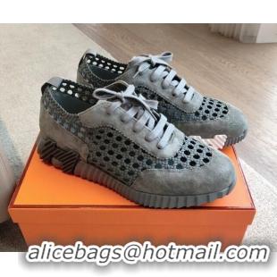 Trendy Design Hermes Bouncing Sneakers in Printed Braided Silk and Suede Dark Grey 425107