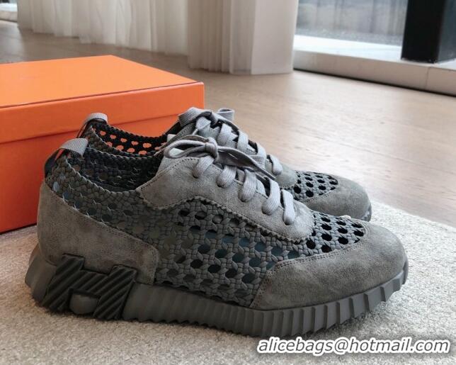 Trendy Design Hermes Bouncing Sneakers in Printed Braided Silk and Suede Dark Grey 425107