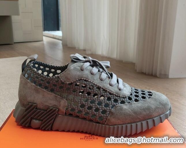 Trendy Design Hermes Bouncing Sneakers in Printed Braided Silk and Suede Dark Grey 425107