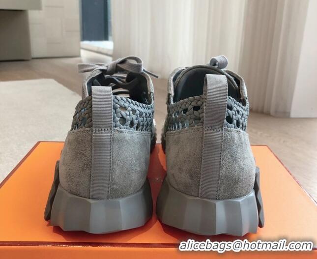 Trendy Design Hermes Bouncing Sneakers in Printed Braided Silk and Suede Dark Grey 425107