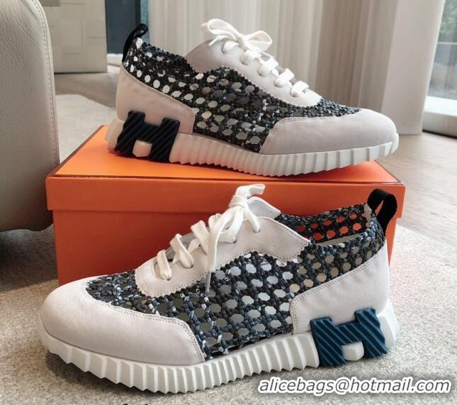 Durable Hermes Bouncing Sneakers in Printed Braided Silk and Suede White/Blue 425108