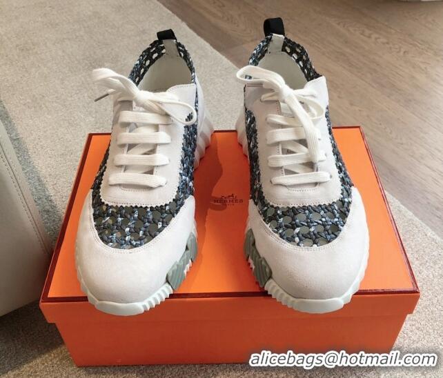 Durable Hermes Bouncing Sneakers in Printed Braided Silk and Suede White/Blue 425108