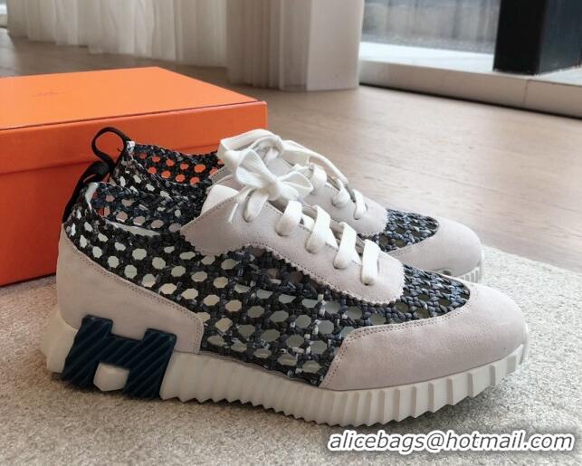 Durable Hermes Bouncing Sneakers in Printed Braided Silk and Suede White/Blue 425108