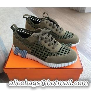 Best Product Hermes Bouncing Sneakers in Printed Braided Silk and Suede Green 425109