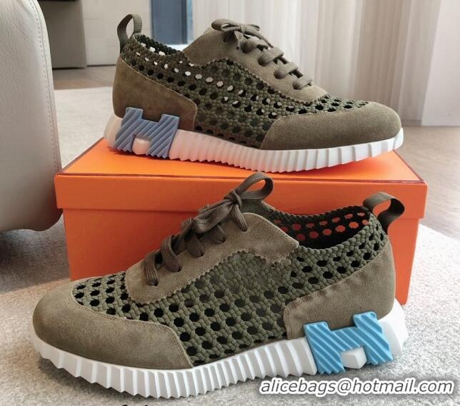 Best Product Hermes Bouncing Sneakers in Printed Braided Silk and Suede Green 425109