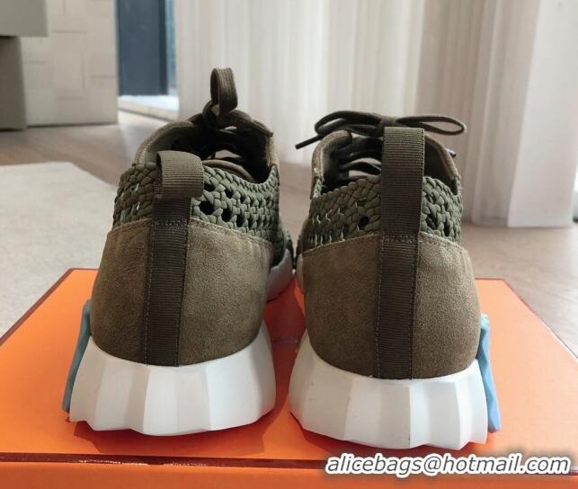 Best Product Hermes Bouncing Sneakers in Printed Braided Silk and Suede Green 425109