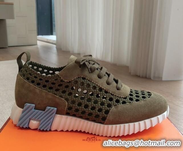 Best Product Hermes Bouncing Sneakers in Printed Braided Silk and Suede Green 425109