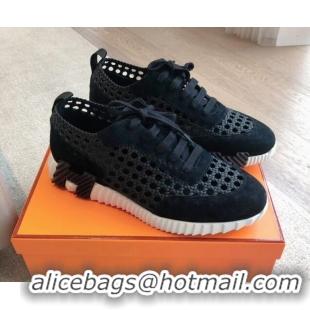 Good Looking Hermes Bouncing Sneakers in Printed Braided Silk and Suede Black 425110