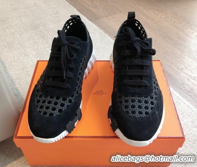 Good Looking Hermes Bouncing Sneakers in Printed Braided Silk and Suede Black 425110