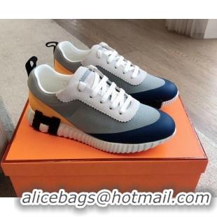 Luxury Cheap Hermes Bouncing Sneakers in Satin Knit and Suede Dark Blue 425118