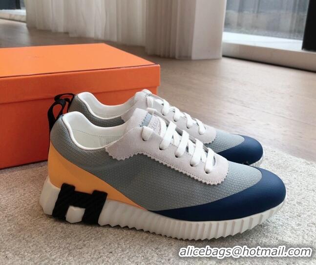 Luxury Cheap Hermes Bouncing Sneakers in Satin Knit and Suede Dark Blue 425118