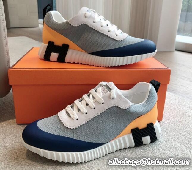 Luxury Cheap Hermes Bouncing Sneakers in Satin Knit and Suede Dark Blue 425118