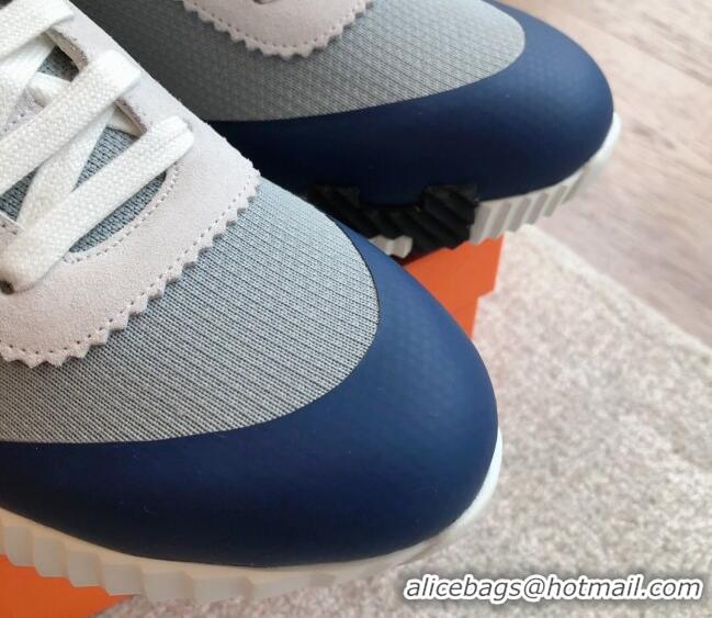 Luxury Cheap Hermes Bouncing Sneakers in Satin Knit and Suede Dark Blue 425118