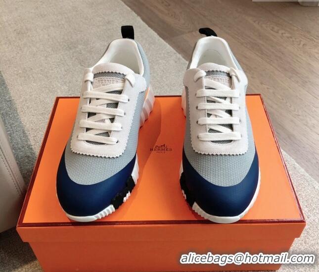 Luxury Cheap Hermes Bouncing Sneakers in Satin Knit and Suede Dark Blue 425118