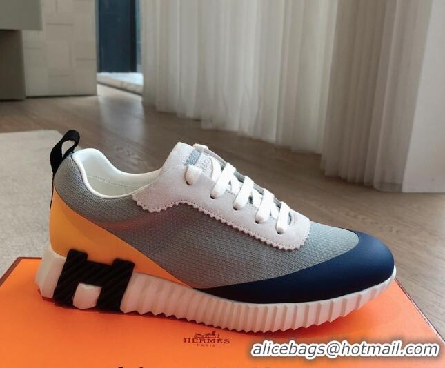 Luxury Cheap Hermes Bouncing Sneakers in Satin Knit and Suede Dark Blue 425118