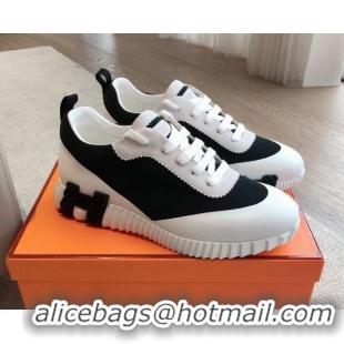 Luxury Hermes Bouncing Sneakers in Satin Knit and Suede White/Black 425119