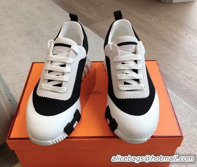 Luxury Hermes Bouncing Sneakers in Satin Knit and Suede White/Black 425119