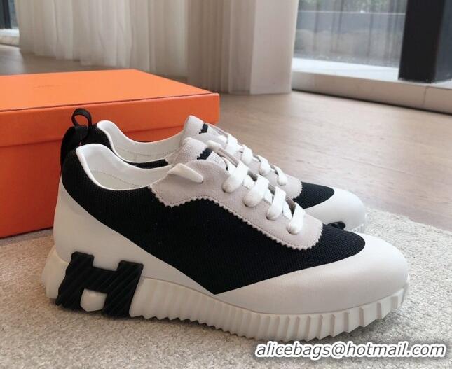 Luxury Hermes Bouncing Sneakers in Satin Knit and Suede White/Black 425119