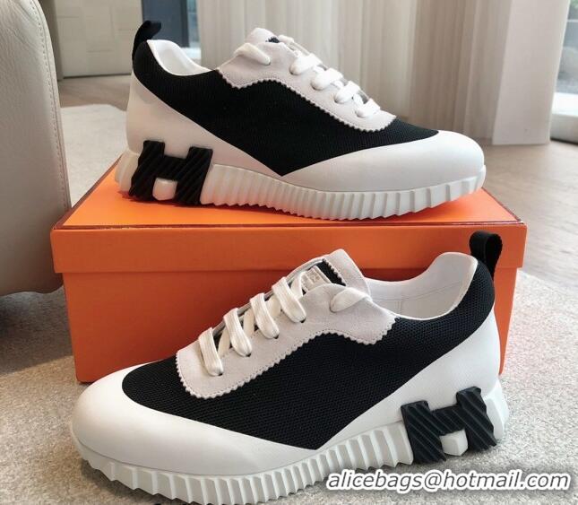 Luxury Hermes Bouncing Sneakers in Satin Knit and Suede White/Black 425119