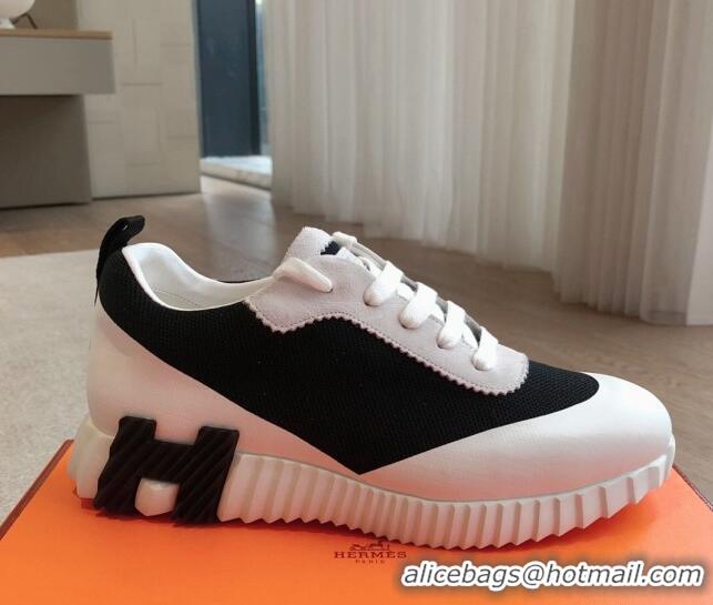 Luxury Hermes Bouncing Sneakers in Satin Knit and Suede White/Black 425119