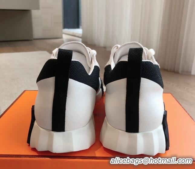 Luxury Hermes Bouncing Sneakers in Satin Knit and Suede White/Black 425119