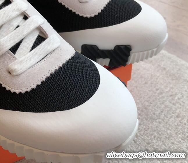 Luxury Hermes Bouncing Sneakers in Satin Knit and Suede White/Black 425119