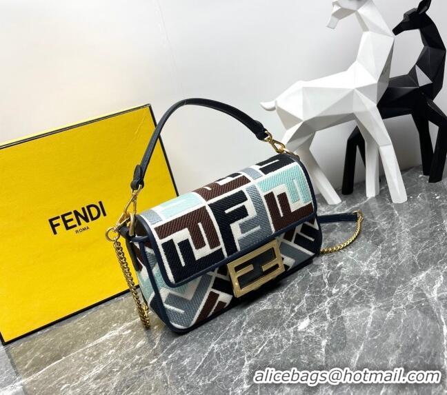 Promotional Fendi Baguette Mini Bag in Multicolor Canvas bag with FF Embroidery 0523 Blue 2024