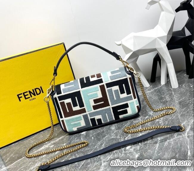 Promotional Fendi Baguette Mini Bag in Multicolor Canvas bag with FF Embroidery 0523 Blue 2024