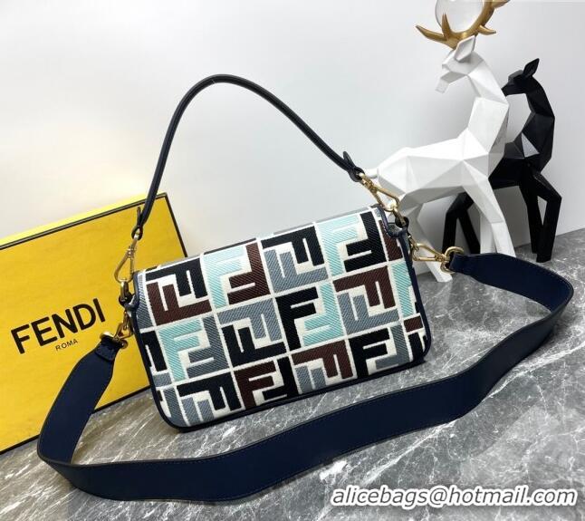 Shop Discount Fendi Baguette Medium Bag in Multicolor Canvas bag with FF Embroidery 0523 Blue 2024