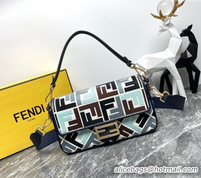 Shop Discount Fendi Baguette Medium Bag in Multicolor Canvas bag with FF Embroidery 0523 Blue 2024