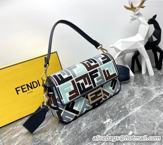 Shop Discount Fendi Baguette Medium Bag in Multicolor Canvas bag with FF Embroidery 0523 Blue 2024