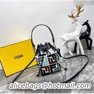 Super Quality Fendi Mon Tresor Mini Bucket Bag in Multicolor Canvas bag with FF Embroidery F0523 Blue 2024