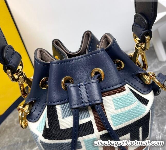 Super Quality Fendi Mon Tresor Mini Bucket Bag in Multicolor Canvas bag with FF Embroidery F0523 Blue 2024