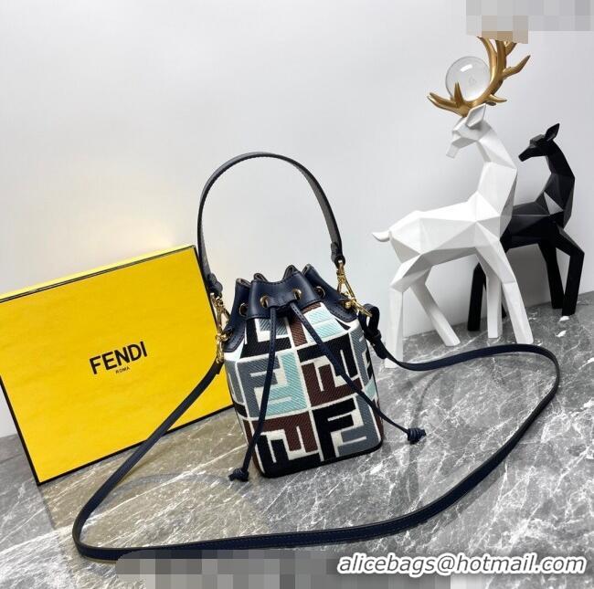 Super Quality Fendi Mon Tresor Mini Bucket Bag in Multicolor Canvas bag with FF Embroidery F0523 Blue 2024