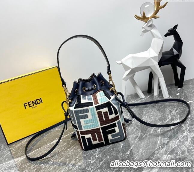 Super Quality Fendi Mon Tresor Mini Bucket Bag in Multicolor Canvas bag with FF Embroidery F0523 Blue 2024