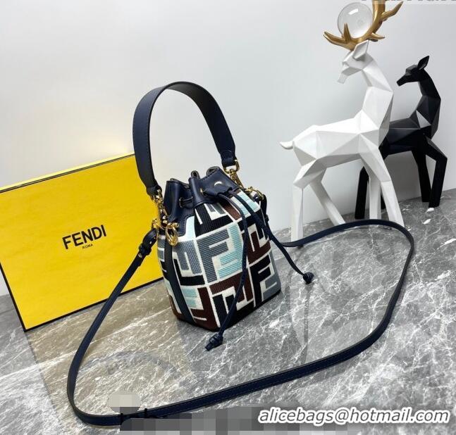 Super Quality Fendi Mon Tresor Mini Bucket Bag in Multicolor Canvas bag with FF Embroidery F0523 Blue 2024