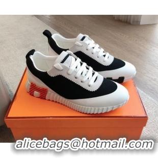 Stylish Hermes Bouncing Sneakers in Satin Knit and Suede Black/White/Orange 425122