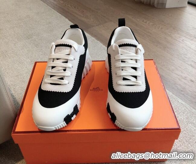 Stylish Hermes Bouncing Sneakers in Satin Knit and Suede Black/White/Orange 425122