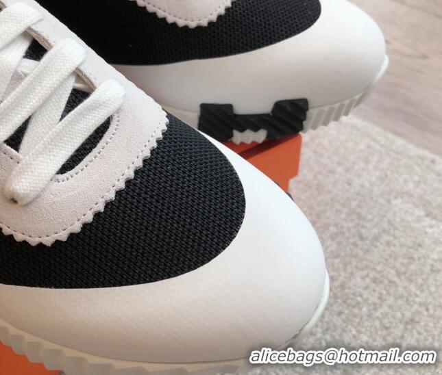 Stylish Hermes Bouncing Sneakers in Satin Knit and Suede Black/White/Orange 425122