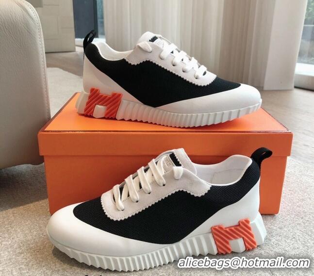 Stylish Hermes Bouncing Sneakers in Satin Knit and Suede Black/White/Orange 425122