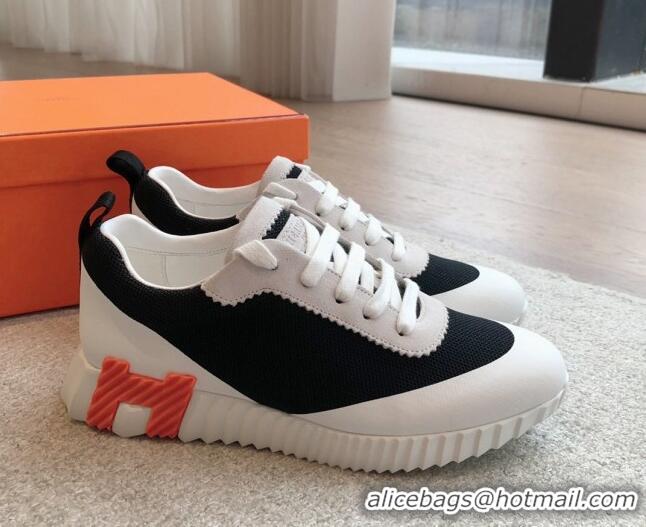 Stylish Hermes Bouncing Sneakers in Satin Knit and Suede Black/White/Orange 425122