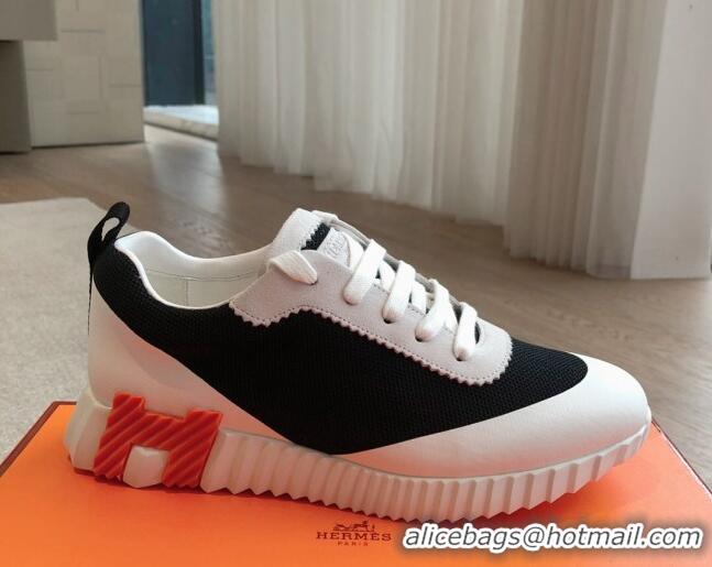 Stylish Hermes Bouncing Sneakers in Satin Knit and Suede Black/White/Orange 425122