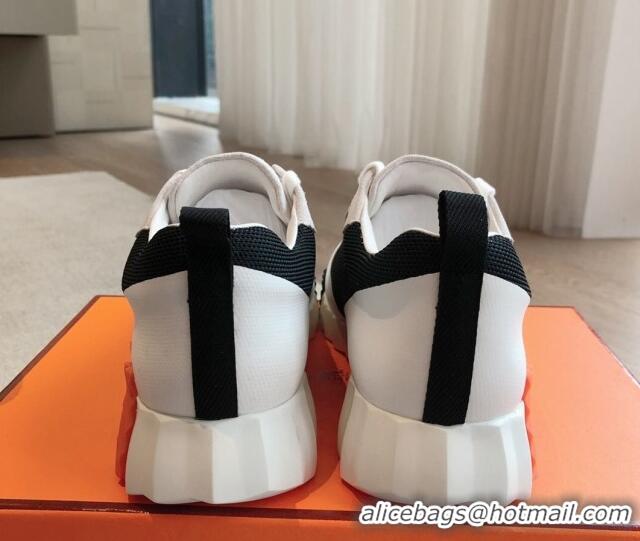 Stylish Hermes Bouncing Sneakers in Satin Knit and Suede Black/White/Orange 425122